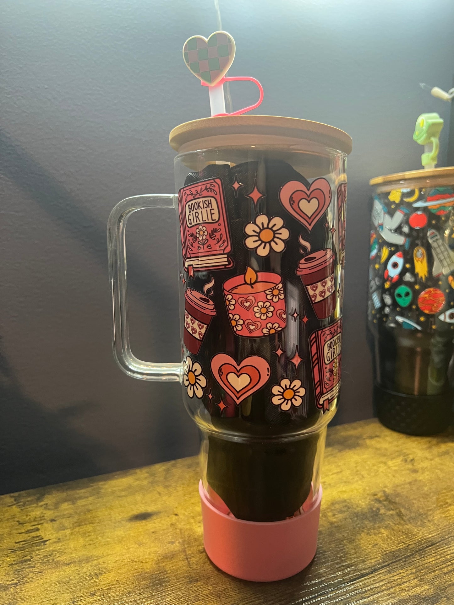 40oz glass tumbler with boot and straw topper