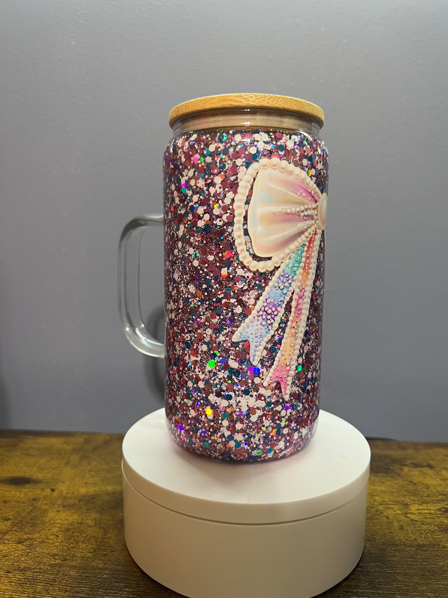 Bow glitter snowglobe 16oz handled RTS