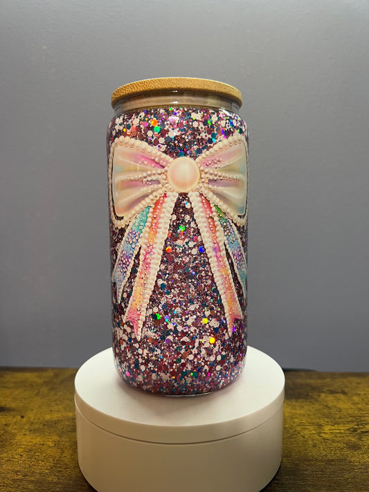Bow glitter snowglobe 16oz handled RTS